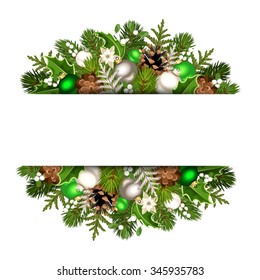 Vector Christmas banner with green, silver and white fir branches, balls, cones, holly and mistletoe.