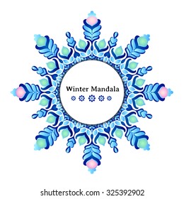Vector Christmas banner made as snowflake. Round pattern, holiday design, oriental style, winter mandala. Can be used as Xmas banner, card, background, invitation, print for clothes, cup, etc