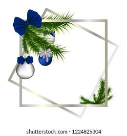Vector Christmas banner with place for text, silver frame with Christmas tree branches and ornaments and a blue bow, realistic 3d style, isolated on white background