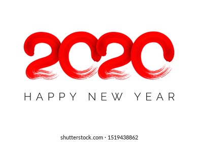 Vector christmas banner with realistic red paint lettering 2020 and black Happy New Year isolated on white background. Poster design with brush strokes.