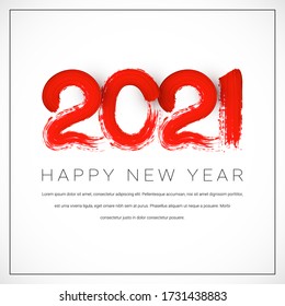 Vector christmas banner with realistic red paint lettering 2021 and black text Happy New Year isolated on white background. Poster design with brush strokes.