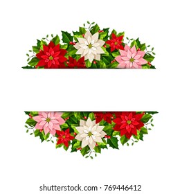 Vector Christmas banner with red, pink and white poinsettia flowers, holly and mistletoe.