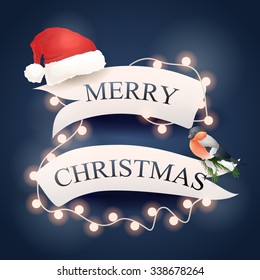 Vector Christmas banner with Santa hat and  bullfinch