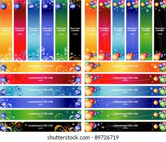 Vector Christmas Banner Set with Balls and Snowflakes in Sizes: Skyscraper (120 x 600) and  Leaderboard (728 x 90).