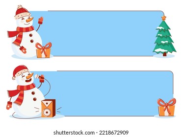 vector Christmas banner with a snowman, a Christmas tree and a gift. Happy New Year and Merry Christmas