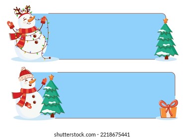 vector Christmas banner with a snowman, a Christmas tree and a gift. Happy New Year and Merry Christmas
