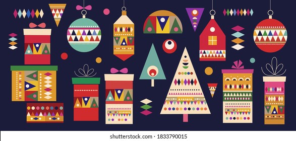 Vector Christmas banner template in Scandinavian folk style with Christmas gift boxes. Merry Christmas greeting card