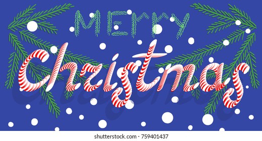 Vector of Christmas banner with text Merry Chrismas ,writting by candy and fir twigs.Blue snowfall`s background.
