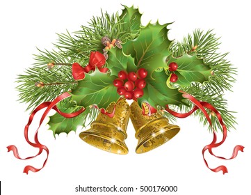 Vector Christmas banner with traditional decoration, christmas tree branches and bells. Design element for winter sale, party invitation or greeting card.