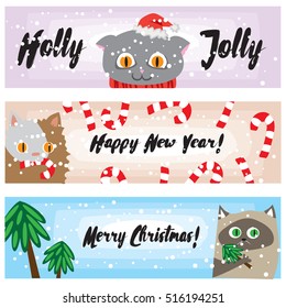 Vector Christmas banners with funny cats. Cute kittens New Years background collection. Cartoon holiday template for your design. Illustrated banners for website