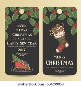 Vector Christmas banners with leaves of mistletoe, sock with gingerbread, candies and  Santa's sleigh on black. Hand-drawn, sketch. Happy New Year