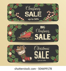 Vector Christmas banners sale. Hand-drawn symbols, sketch. Special Offer, up to 50%.