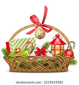 Vector Christmas Basket with Gifts isolated on white background