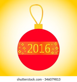 Vector Christmas bauble with figures 2016 and golden decor. Bright red New Year bauble. New Year 2016 decor. Traditional fir tree decoration. XMas bauble with loop & decor. Red & golden Christmas ball
