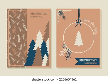 Navidad vectorial bauble, patrón de abetos en tonos tierra muda. Bosque de invierno geométrico abstracto con ramas dibujadas a mano. Juego de tarjetas de felicitación de Navidad de Año Nuevo.