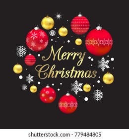 Vector Christmas Baubles Background, Realistic Holiday Decoration, Red and Gold Shiny 3D Christmas Balls, Greeting Card, Merry Christmas