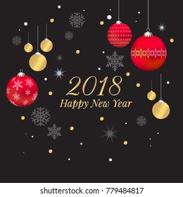 Vector Christmas Baubles Background, Realistic Holiday Decoration, Red and Gold Shiny 3D Christmas Balls, Greeting Card, 2018 Happy New Year