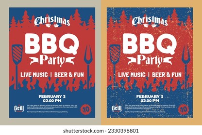 Vector Christmas Bbq Party Poster Retro Vintage Grunge Hand Drawn Template