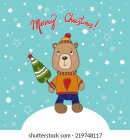 Vector Christmas bear card. It can be used for card, postcard, poster, invitation, wallpaper, textile design, fabric design, cover, banner, sticker.