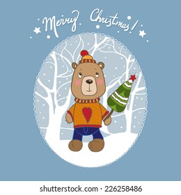 Vector Christmas bear card. It can be used for card, postcard, poster, invitation, wallpaper, textile design, fabric design, cover, banner, sticker.