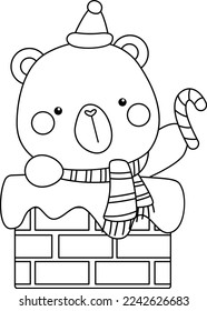 a vector of a Christmas bear coming out of a chimney in black and white colouring