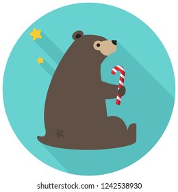 Vector christmas bear icon with candy. New Year Bear illustration in flat style.