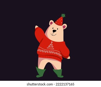 Vector Christmas bear. Christmas illustration. A bear waving its paw in a red sweater and green boots.