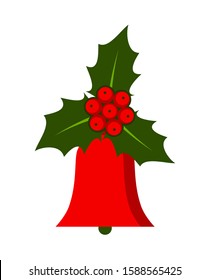 vector christmas bell and holly isolated on white background