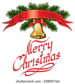 Vector christmas bells, with christmas tree, and phrase Merry Christmas