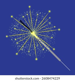 Vector Christmas Bengal light. Realistic sparkler light isolated on blue background. Festive bright firework. Element of decoration for celebration and holiday.
