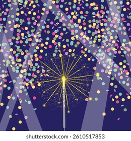 Vector Christmas Bengal light. Realistic sparkler light on circle confetti background. Festive bright firework. Element of decoration for celebration and holiday.