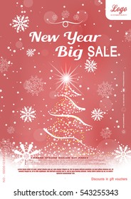 Vector Christmas big sale promotional red poster with Christmas tree, snowflakes and snowfall on the gradient background.