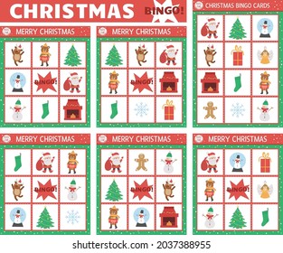 Vector Christmas Bingo Cards Set. Fun Family Lotto Board Game With Cute Santa Claus, Christmas Tree, Snowman For Kids. Holiday Winter Party Lottery Activity. Simple Educational Printable Worksheet
