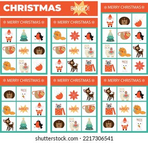 Vector christmas bingo cards set fun family lotto board game with cute santa claus christmas tree for kids holiday winter party lottery activity simple educational printable worksheet