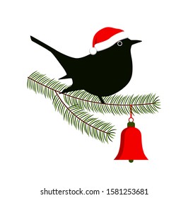 vector christmas bird on spruce twig with bell isolated on white background