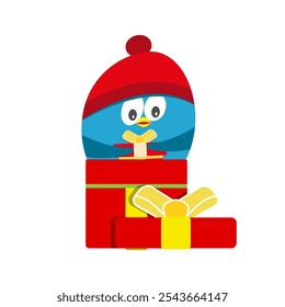 Vector Christmas bird with santa claus hat in red gift box