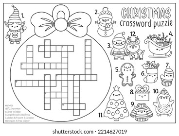 Vector Christmas black and white ball shaped crossword puzzle for kids. Winter kawaii line holiday quiz for children. Educational activity or coloring page. Cute New Year English language cross word
