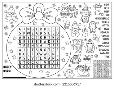 Vector Christmas black and white ball shaped word search puzzle for kids. Winter line kawaii holiday quiz for children. Educational coloring page. Cute New Year English language cross word
