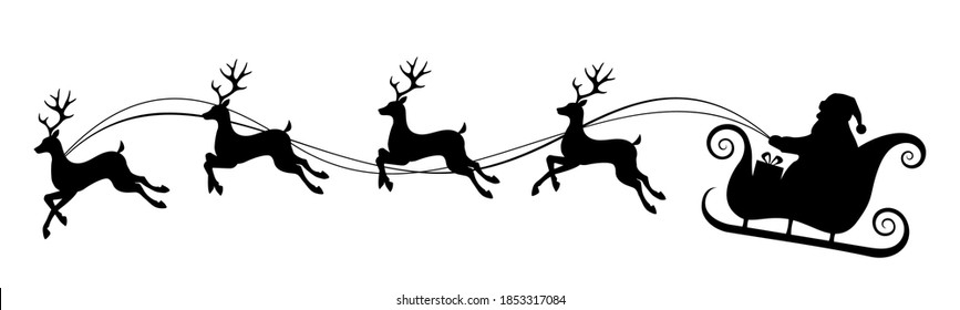 Vector Christmas black and white illustration with Santa Claus riding his sleigh pulled by reindeers.