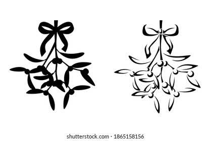 Vector Christmas black and white mistletoe branches isolated on a white background.