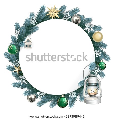 Vector Christmas Blank Round with Blue Fir Branches isolated on white background