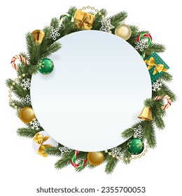 Vector Christmas Blank Round with Green Baubles isolated on white background