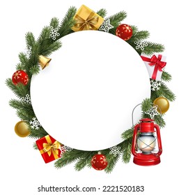 Vector Christmas Blank Round with Kerosene Lamp isolated on white background