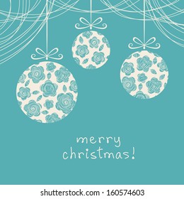Vector christmas blue background. Invitation and greeting decorative card. Cute christmas ball with floral hand drawn texture. Abstract simple winter holiday illustration with text box 