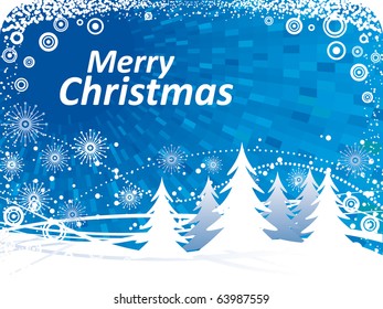 Vector Christmas blue background with waves, christmas trees, snowflakes and snow border