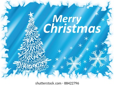 Vector Christmas blue card with christmas tree, snowflakes and ice border