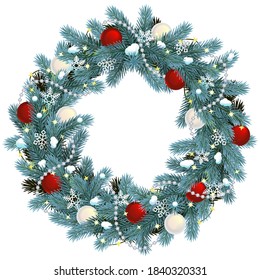 Vector Christmas Blue Fir Wreath isolated on white background