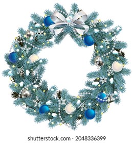 Vector Christmas Blue Fir Wreath With Bow Isolated On White Background