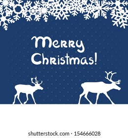 Vector christmas blue greeting card with deers and snowflakes.