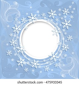 Vector christmas blue greeting card with round place for text and snowflakes.